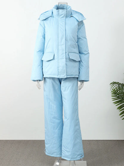 Stripe Women's Padded Cotton Coats Pant Suit Hooded Zipper Puffer Coat Loose Thick Pants 2026 Fashion Lady Autumn Winter Ski Set