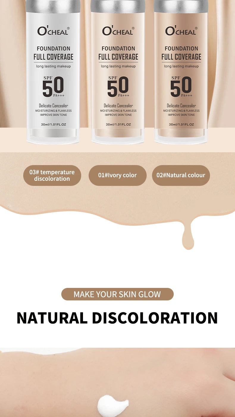O‘CHEAL 50PA+++ Liquid Foundation Cream Lasting Coverage Makeup Concealer Moisturizing Bright Skin Tone Hydrating Beauty Cream
