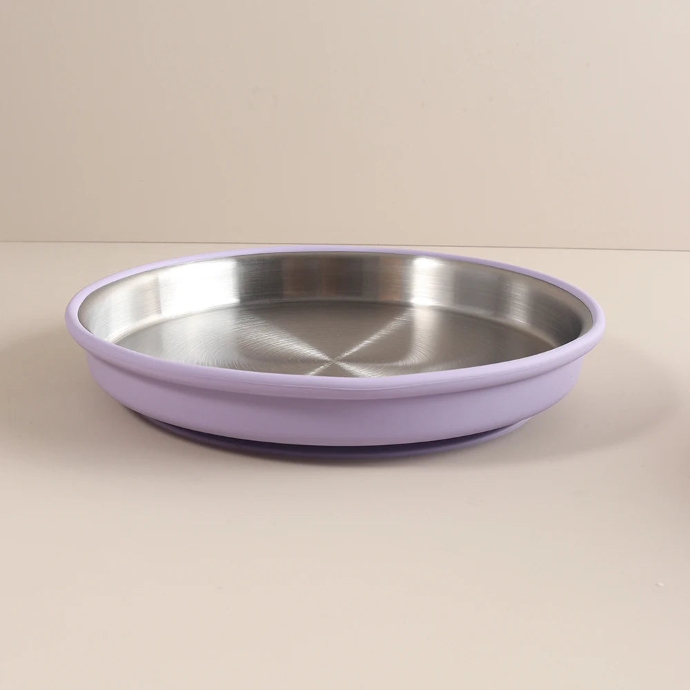 Simple design Stainless Steel Baby Plate with Silicone Suction,  Large Double Layer Dinner Plate for Toddlers