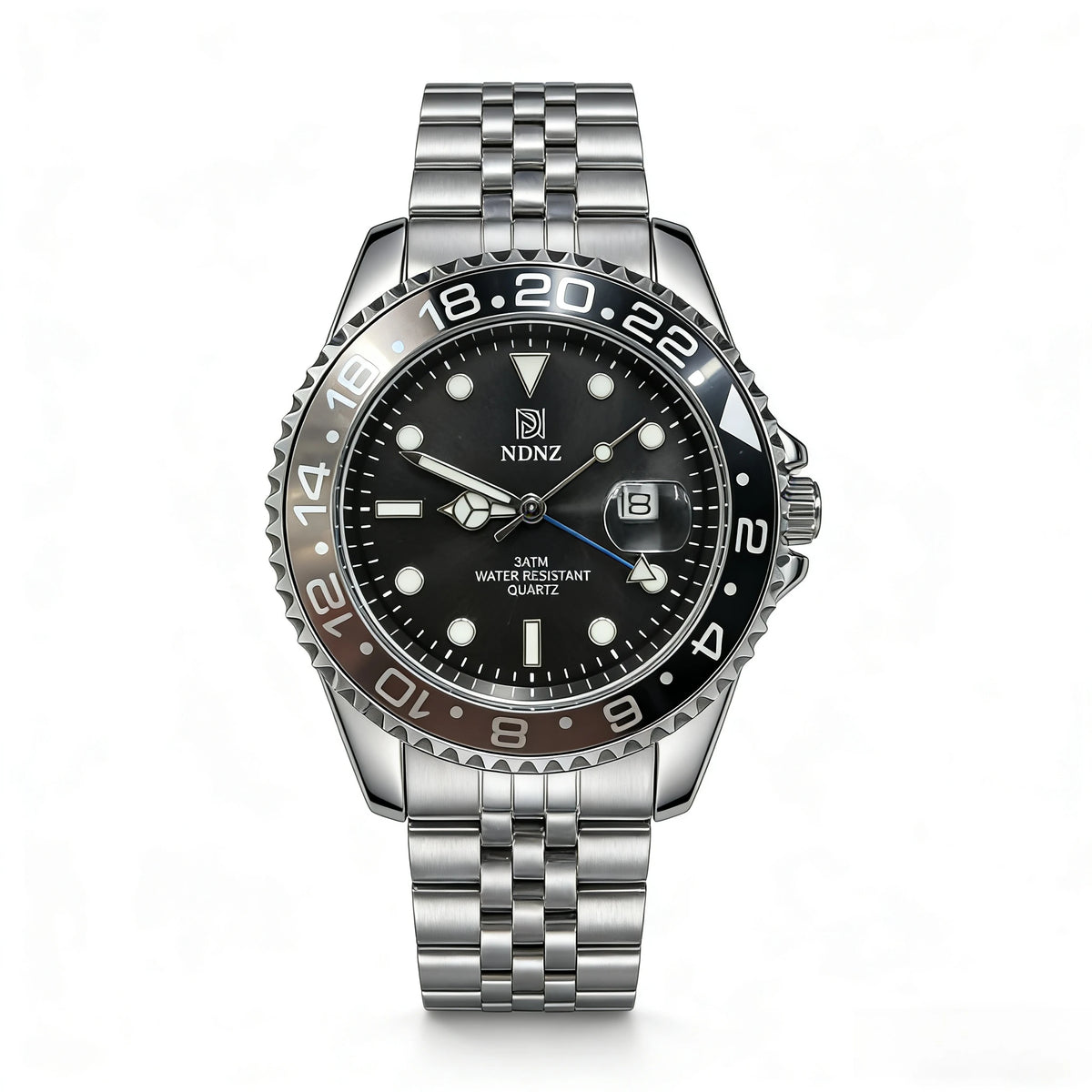 Men's GMT Style Quartz Watch, 3ATM Waterproof Stainless Steel Band, Black Blue Bezel Luminous Wristwatch with Date Display