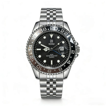 Men's GMT Style Quartz Watch, 3ATM Waterproof Stainless Steel Band, Black Blue Bezel Luminous Wristwatch with Date Display
