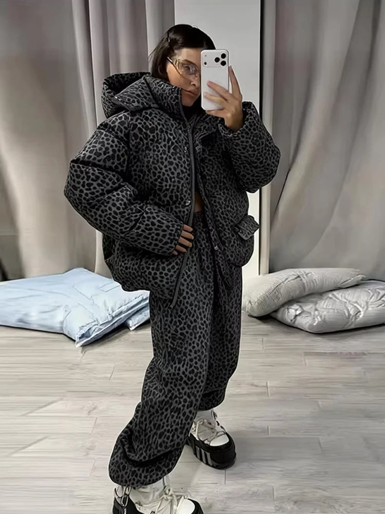 Stripe Women's Padded Cotton Coats Pant Suit Hooded Zipper Puffer Coat Loose Thick Pants 2026 Fashion Lady Autumn Winter Ski Set