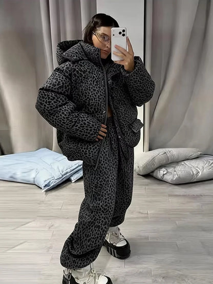 Stripe Women's Padded Cotton Coats Pant Suit Hooded Zipper Puffer Coat Loose Thick Pants 2026 Fashion Lady Autumn Winter Ski Set