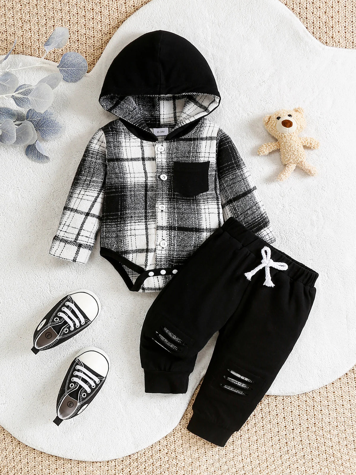 Children's Plaid Hooded Set Casual Cool Style Soft Skin-friendly Fabric Easy-to-wear Design with Hat And Hole Decoration