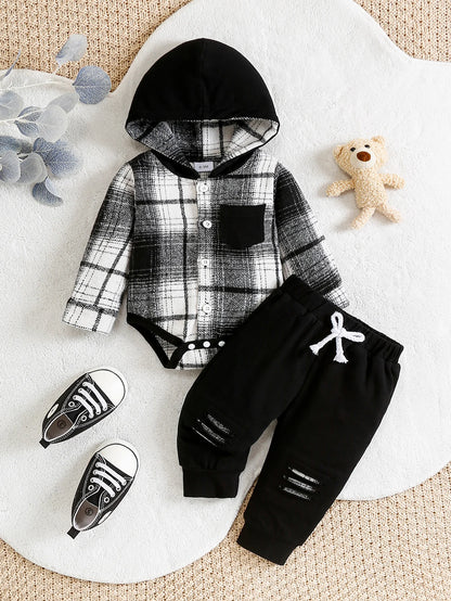 Children's Plaid Hooded Set Casual Cool Style Soft Skin-friendly Fabric Easy-to-wear Design with Hat And Hole Decoration