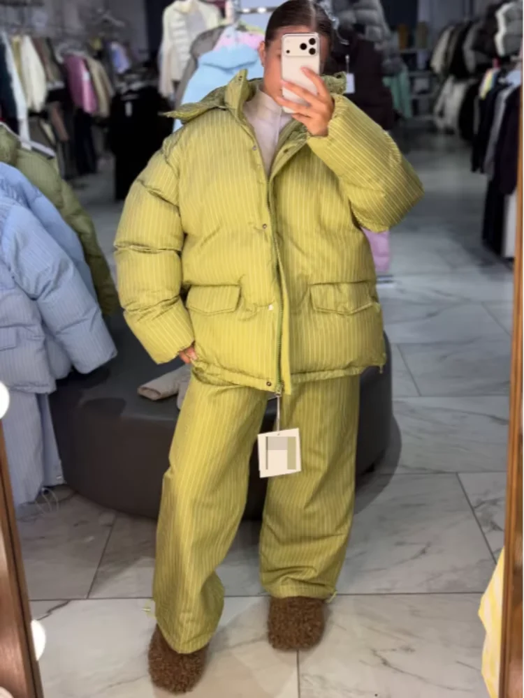 Stripe Women's Padded Cotton Coats Pant Suit Hooded Zipper Puffer Coat Loose Thick Pants 2026 Fashion Lady Autumn Winter Ski Set