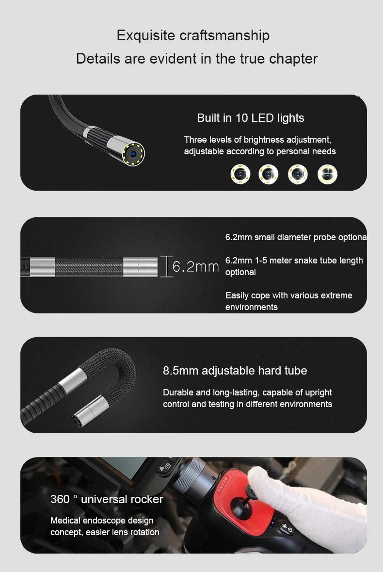 360° Articulating Borescope 6.2mm 4 Ways 3m Wires IPS Automotive Inspection Camera 6 Adjustable LED Lights