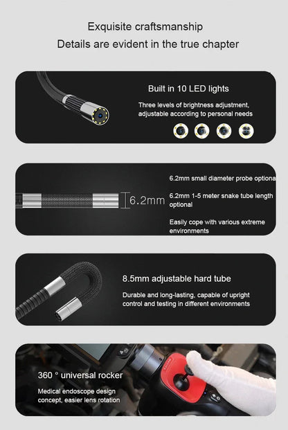 360° Articulating Borescope 6.2mm 4 Ways 3m Wires IPS Automotive Inspection Camera 6 Adjustable LED Lights