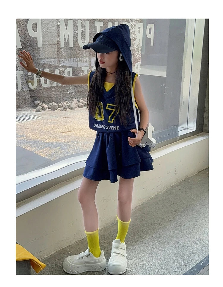 Girls Clothes Set Kids Two Pieces Suits Child Sporty Style Tee+Shorts Sets Tween Girls Clothes Set With Number Design Size 4-14Y