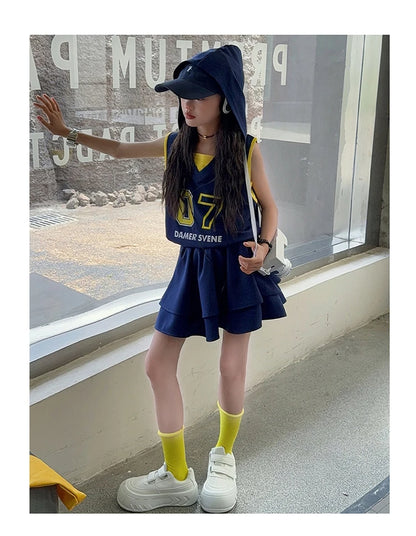 Girls Clothes Set Kids Two Pieces Suits Child Sporty Style Tee+Shorts Sets Tween Girls Clothes Set With Number Design Size 4-14Y