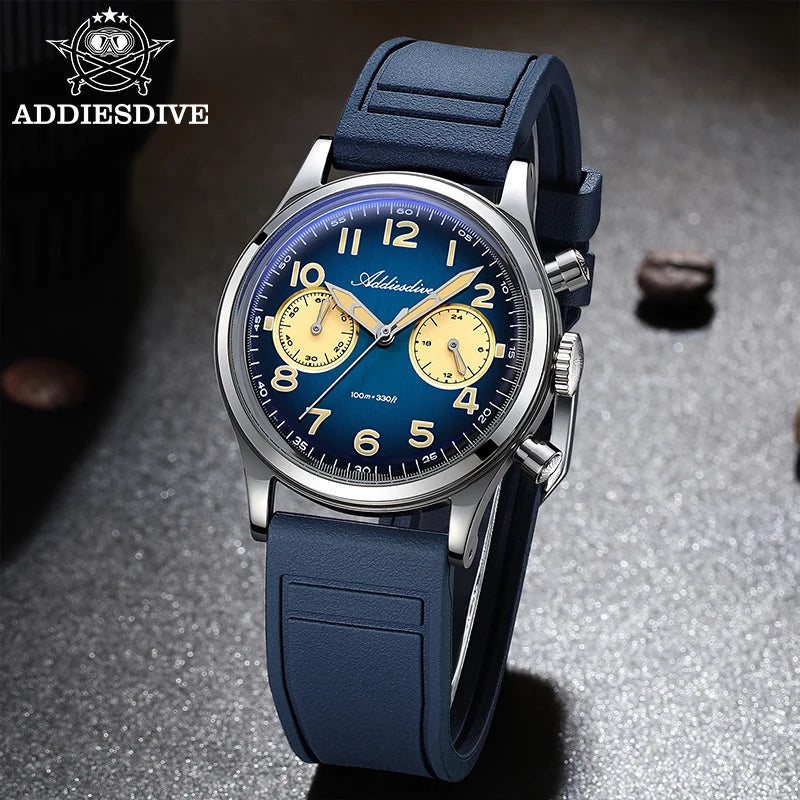 ADDIESDIVE New 2025 Chronograph 38mm Men's Watches VK64 Quartz Wristwatch Luminous Bubble Mirror 10Bar Waterproof Steel Watch