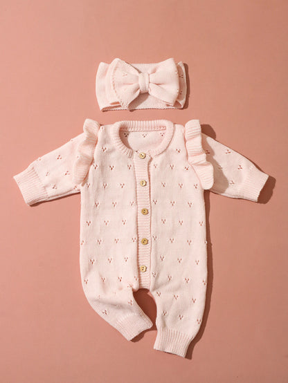 YlsteeeNewborn Baby Girl Knitted Romper Set with Bow Headband, Ruffle Sleeve Heart Knit Jumpsuit for 0-3M Photography Daily Wear