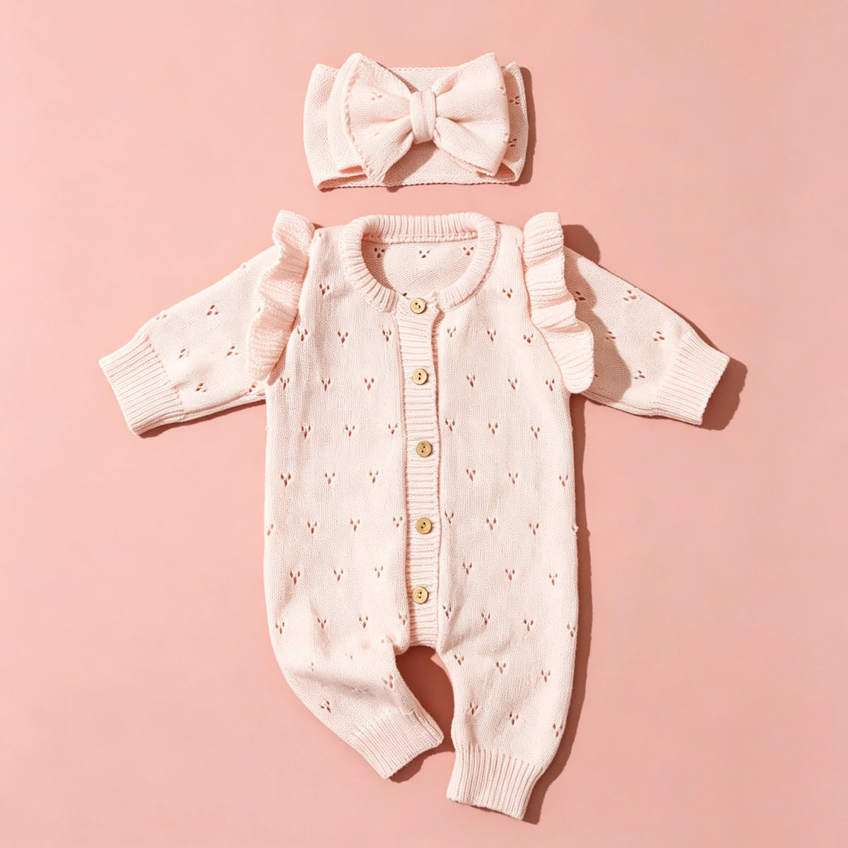 YlsteeeNewborn Baby Girl Knitted Romper Set with Bow Headband, Ruffle Sleeve Heart Knit Jumpsuit for 0-3M Photography Daily Wear