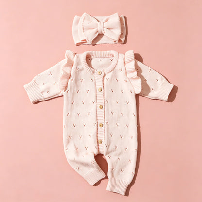 YlsteeeNewborn Baby Girl Knitted Romper Set with Bow Headband, Ruffle Sleeve Heart Knit Jumpsuit for 0-3M Photography Daily Wear