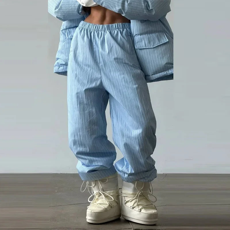 Stripe Women's Padded Cotton Coats Pant Suit Hooded Zipper Puffer Coat Loose Thick Pants 2026 Fashion Lady Autumn Winter Ski Set