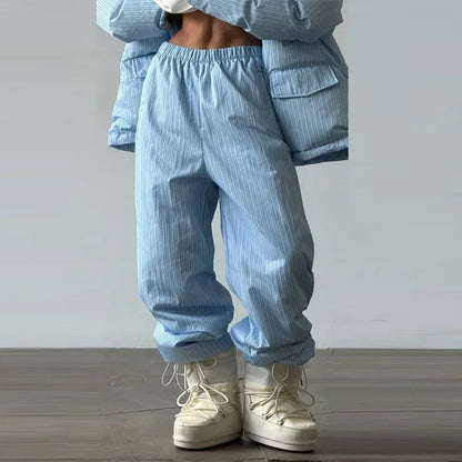 Stripe Women's Padded Cotton Coats Pant Suit Hooded Zipper Puffer Coat Loose Thick Pants 2026 Fashion Lady Autumn Winter Ski Set