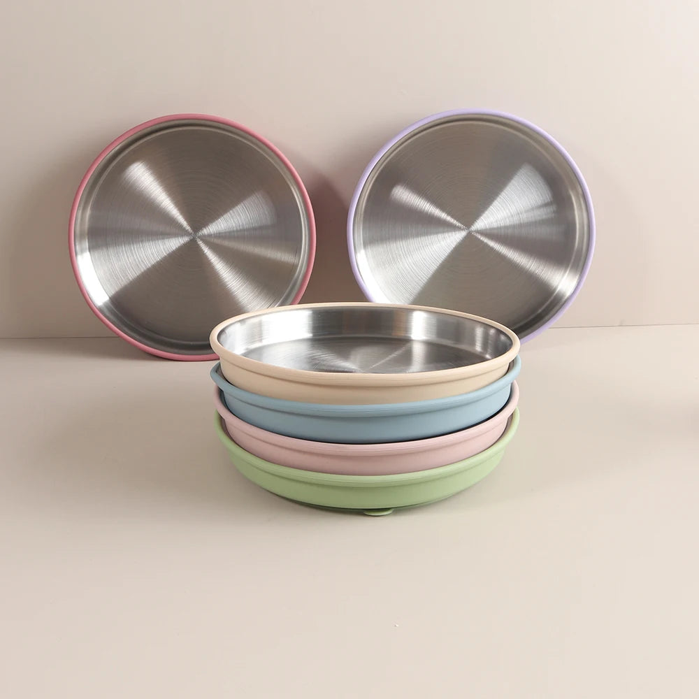 Simple design Stainless Steel Baby Plate with Silicone Suction,  Large Double Layer Dinner Plate for Toddlers