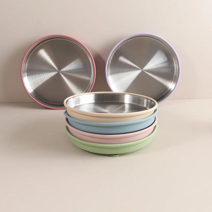 Simple design Stainless Steel Baby Plate with Silicone Suction,  Large Double Layer Dinner Plate for Toddlers