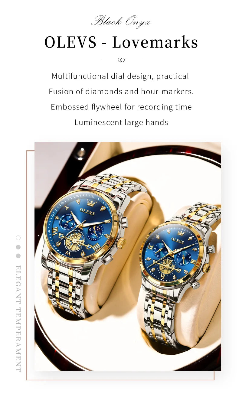 OLEVS Luxury Flywheel Design Couple Wristwatch Chronograph Waterproof Moon Phase Watch Brand Original Quartz Watch for Men Women