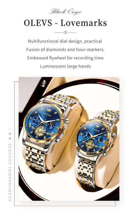 OLEVS Luxury Flywheel Design Couple Wristwatch Chronograph Waterproof Moon Phase Watch Brand Original Quartz Watch for Men Women
