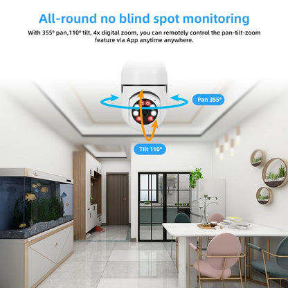 FUERS 2MP E27 Bulb Security Camera 2.4G WiFi PTZ CCTV Camera 4X Zoom AI Human Tracking Color Night Vision Two Way Audio Baby Monitor Indoor