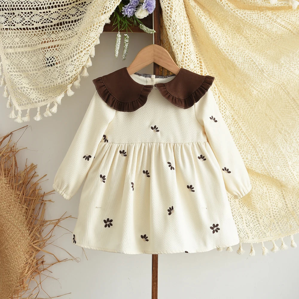 Sweet and Lovely Pink Baby Girl Doll Collar Long Sleeved Floral Princess Dress Korean Version Autumn New