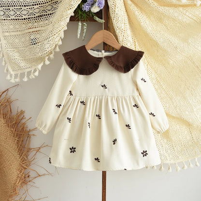 Sweet and Lovely Pink Baby Girl Doll Collar Long Sleeved Floral Princess Dress Korean Version Autumn New