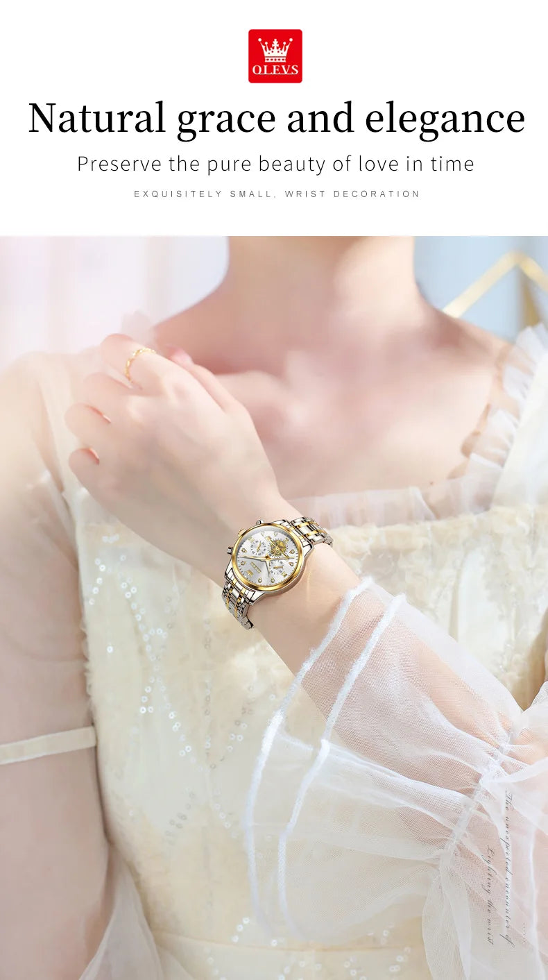 OLEVS Luxury Flywheel Design Couple Wristwatch Chronograph Waterproof Moon Phase Watch Brand Original Quartz Watch for Men Women