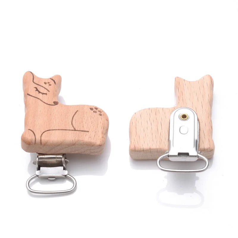 1Pcs Printing Animal Dummy Clip Beech Wood Nipple Clip For Teether Chewing Toys Accessory DIY Anti-Drop Baby Pacifier Chain