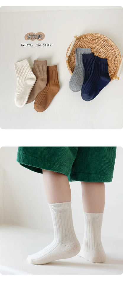 5 Pairs/Lot Children'S Socks Set Solid Color Double Needle Cotton Kids Mid-Tube Socks Candy Color Boys And Girls Student Socks