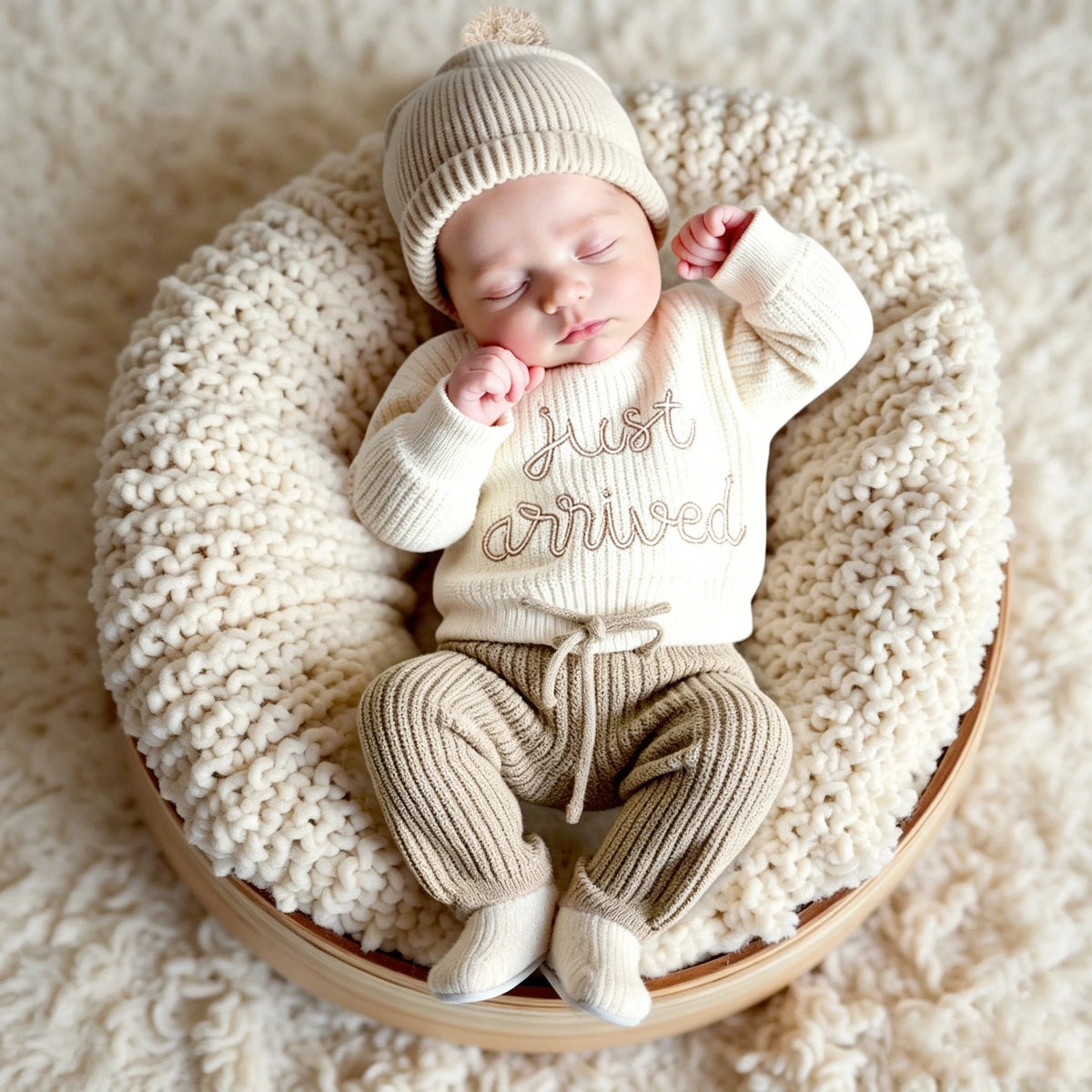 Ylsteed 3 Pcs Set Knitting Newborn Boy Photography Clothes "Just Arrived" Embroidery Khaki Baby Outfits Sweater Baby Shower Gift