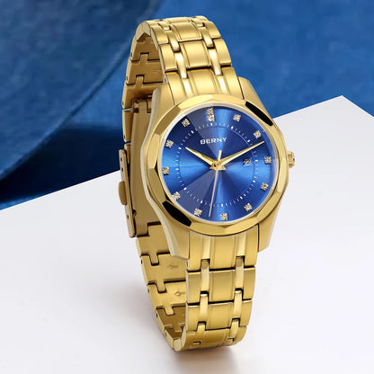 BERNY Golden Watch for Women Quartz Luxury Diamond Shape Lens Ladies Wristwatch Waterproof Stainless Steel Fashion Women Watch