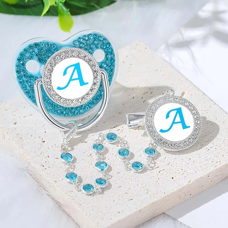 Blue Zircon Baby Pacifier Clip 26 Letters Newborn Personalized Luxury Pacifiers Holder Silicone Infant Teether Nipple Bpa Free