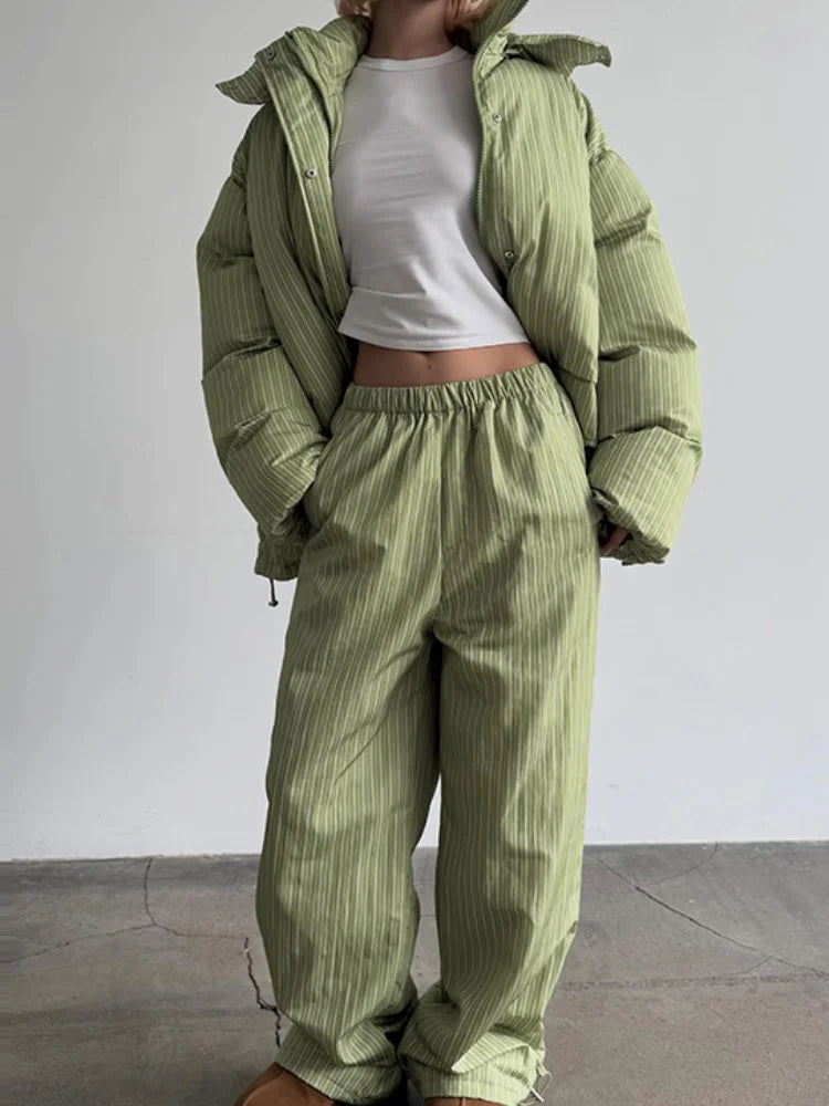 Stripe Women's Padded Cotton Coats Pant Suit Hooded Zipper Puffer Coat Loose Thick Pants 2026 Fashion Lady Autumn Winter Ski Set