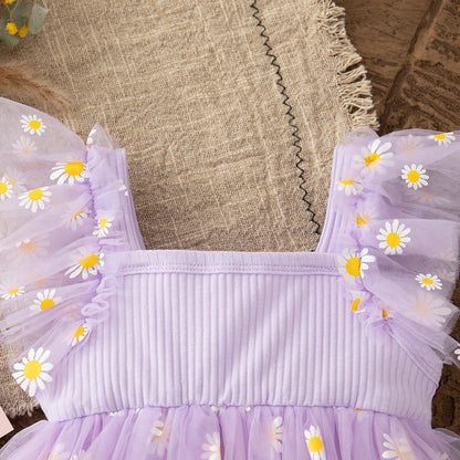Baby Girl Dress Fashion Daisy Print Mesh Princess Dress Soft Comfortable Baby Outing Dress Girl Pink Birthday Gift