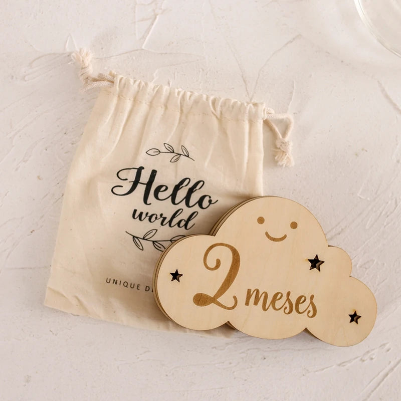 Spanish Alphabet Baby  Wooden Milestone Number Month Memorial Cards Items Cute Cloud Shape Newborn Photography Accessories Props