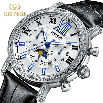 KINYUED Brand Luxury Men's Moon Phase Automatic Mechanical Watch Leather Strap Waterproof Week Date Casual Dress Wrist Watches