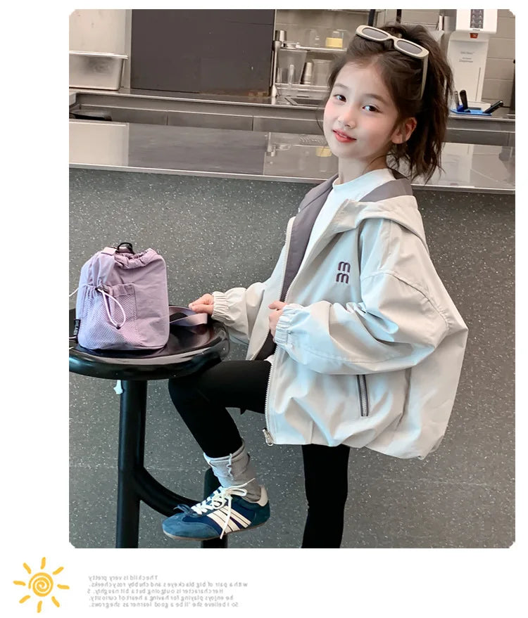 2026 Spring Autumn Girls Reversible Waterproof Hooded Jacket Teen Kid Letter Print Windbreaker Coat Children Loose Outerwear Top