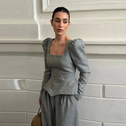 Casual Solid Woolen Top Pants Set Women Puff Full Sleeve Closed Waist Blouse Straight Trousers Sets 2026 Autumn Winter Lady Suit