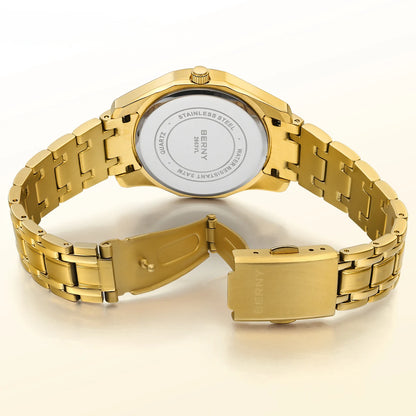 BERNY Golden Watch for Women Quartz Luxury Diamond Shape Lens Ladies Wristwatch Waterproof Stainless Steel Fashion Women Watch