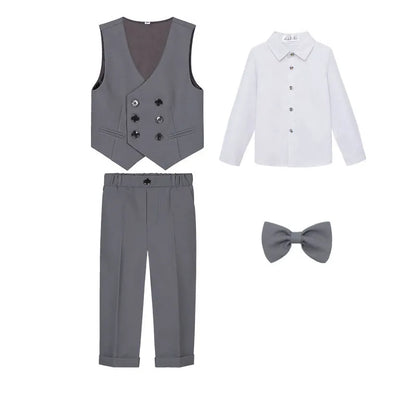 Teenager Kids Beige WaistCoat Shirt Pants Bowtie Tuxedo Dress Boys Vest Suit For Wedding Children Host Photograph Party Costume