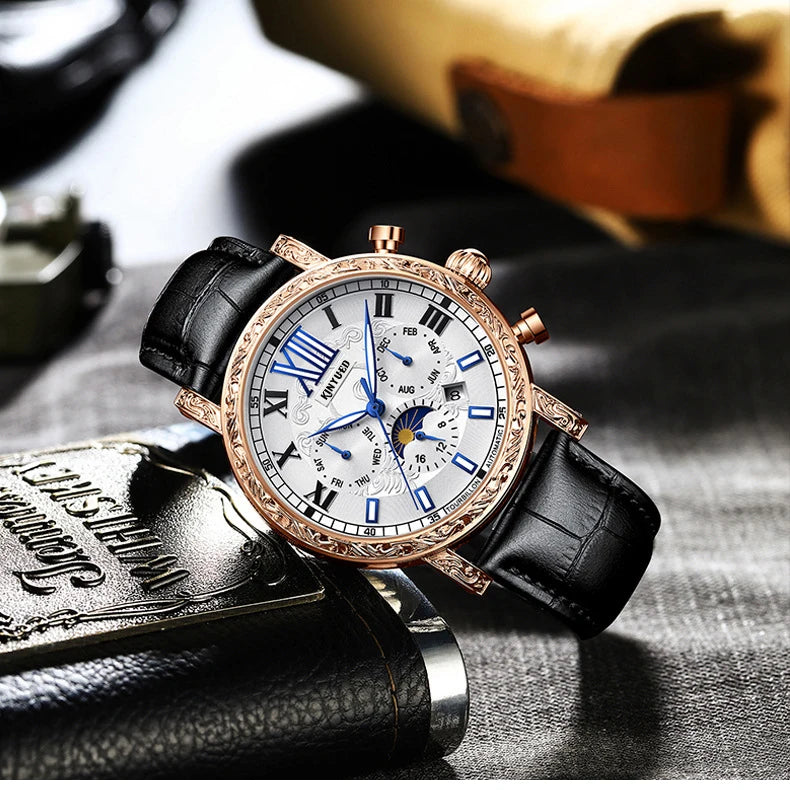 KINYUED Brand Luxury Men's Moon Phase Automatic Mechanical Watch Leather Strap Waterproof Week Date Casual Dress Wrist Watches