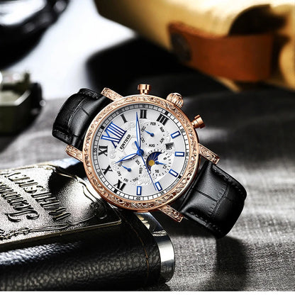 KINYUED Brand Luxury Men's Moon Phase Automatic Mechanical Watch Leather Strap Waterproof Week Date Casual Dress Wrist Watches