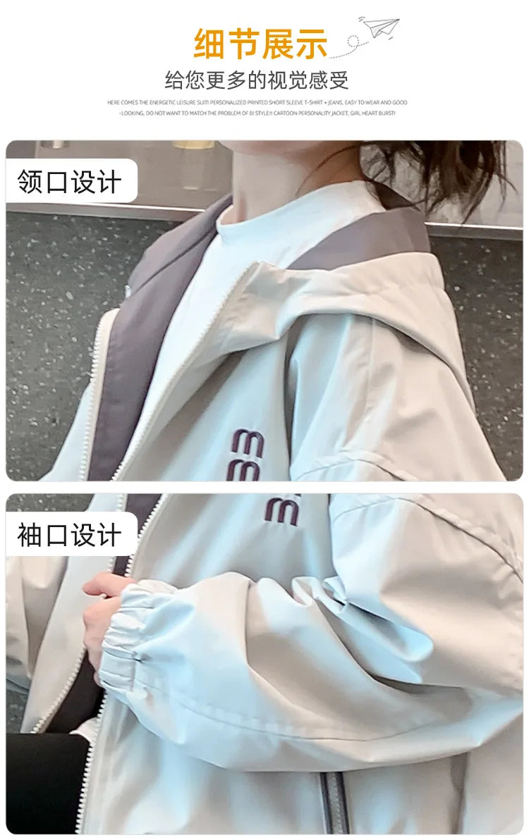 2026 Spring Autumn Girls Reversible Waterproof Hooded Jacket Teen Kid Letter Print Windbreaker Coat Children Loose Outerwear Top