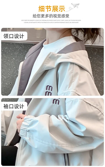 2026 Spring Autumn Girls Reversible Waterproof Hooded Jacket Teen Kid Letter Print Windbreaker Coat Children Loose Outerwear Top