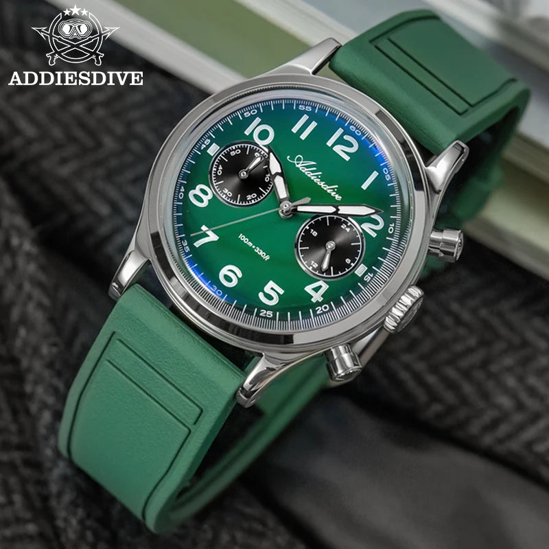 ADDIESDIVE New 2025 Chronograph 38mm Men's Watches VK64 Quartz Wristwatch Luminous Bubble Mirror 10Bar Waterproof Steel Watch