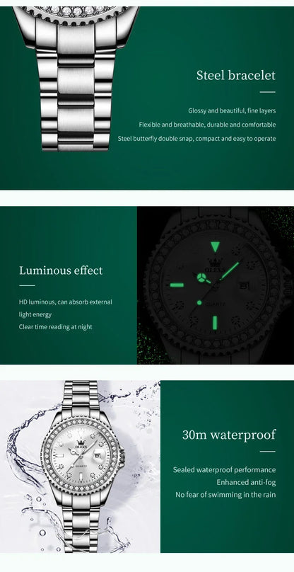 OLEVS 9945 Luxury Diamond Stainless Steel Quartz Watch for Women Elegant Ladies Waterproof Sport Women's Wristwatch Reloj Mujer