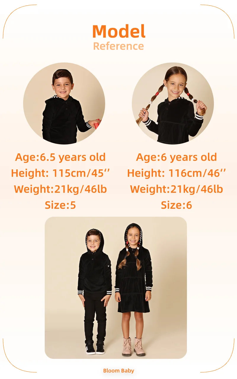 AA-Velour Hooded Set Tired Dress with Hooded Lining Striped Shirt and baby Footie Romper Ribbed Family Clothing Dress for Girls