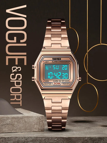 SKMEI 1415 Luxury Retro Digital Sports Watch for Women Stainless Steel Electron Waterproof Wristwatches Girl Clock Reloj Hombre