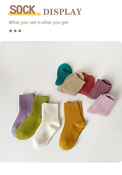 5 Pairs/Lot Children'S Socks Set Solid Color Double Needle Cotton Kids Mid-Tube Socks Candy Color Boys And Girls Student Socks